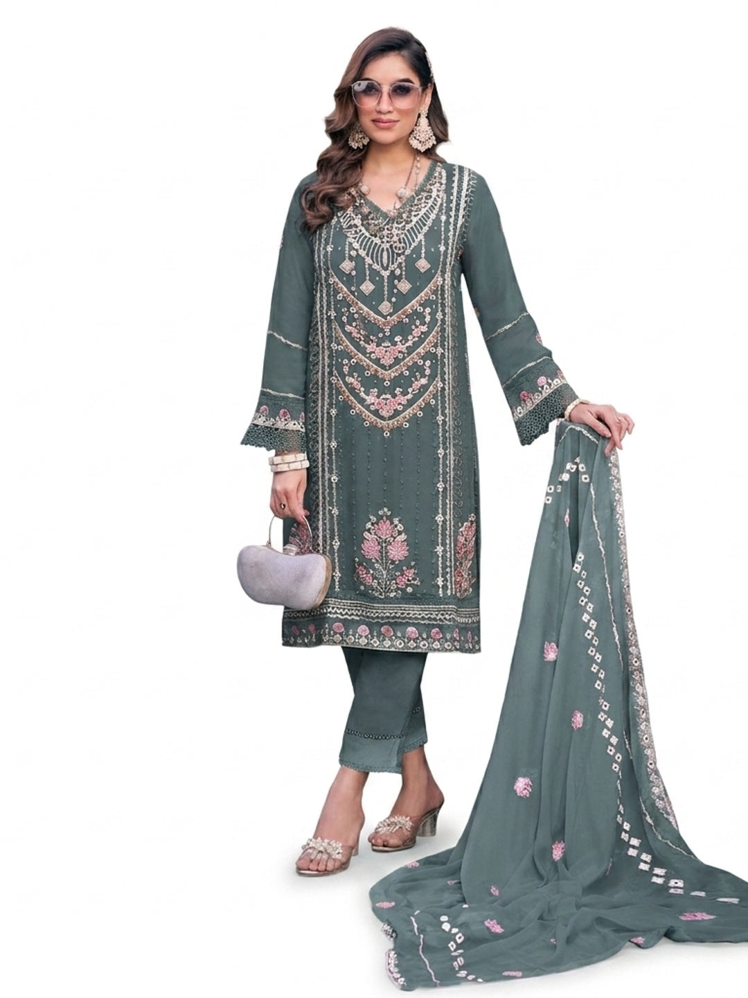 Bluish Grey Embroidered Georgette Semi-Stitched Pakistani Dress Material - Image 2