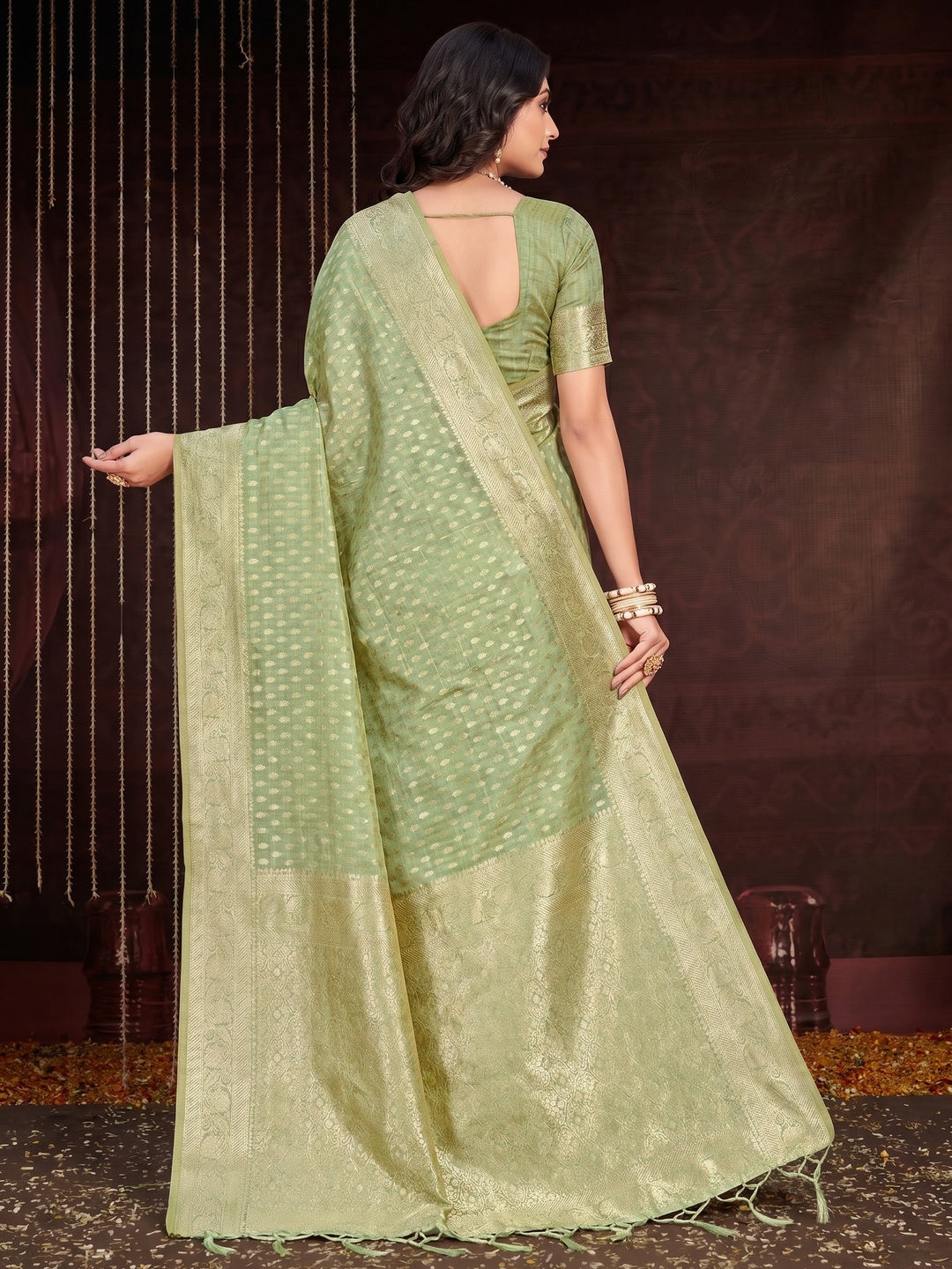 Green Floral Woven Cotton Silk Saree With Tassels - Image 1