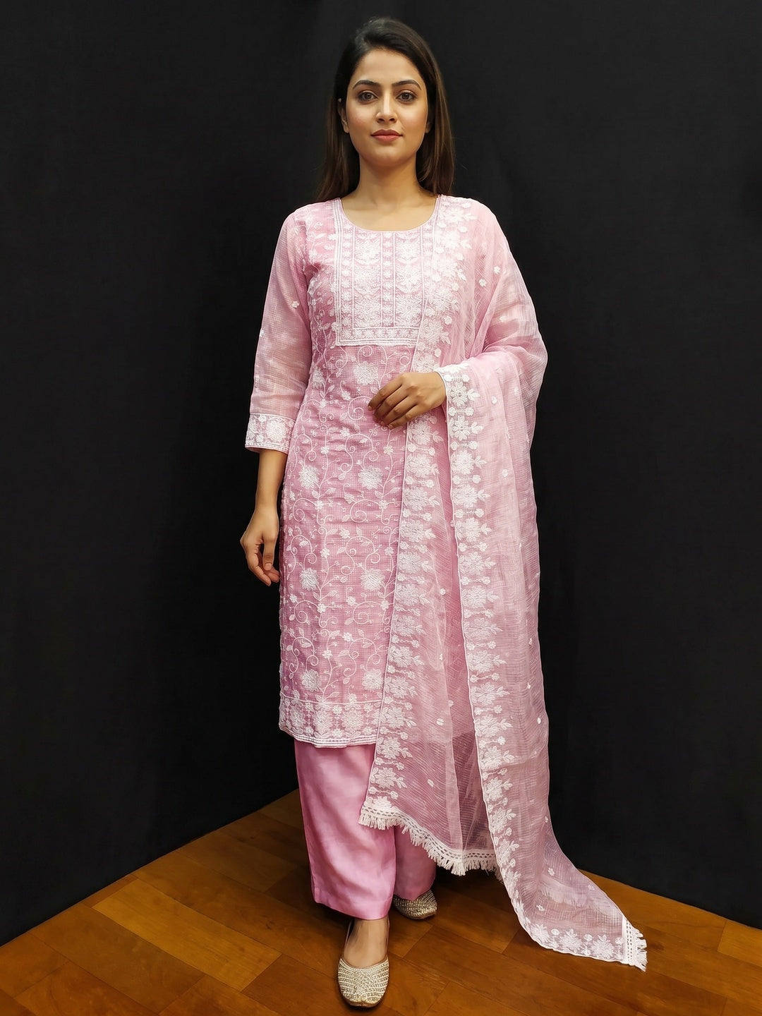Pink Floral Embroidered Kota Doria Dress Material - Image 1