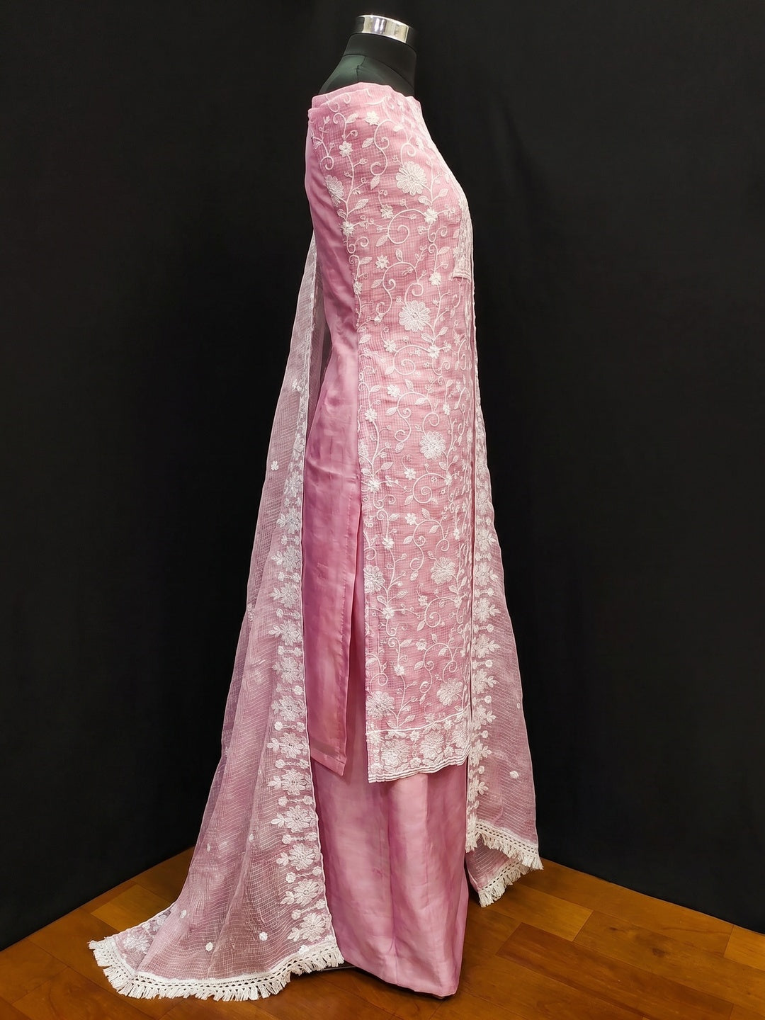 Pink Floral Embroidered Kota Doria Dress Material - Image 3