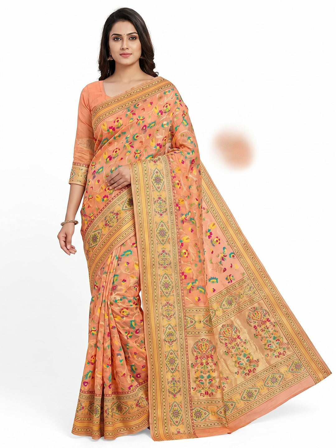 Peach Floral Woven Cotton Blend Saree - Image 3
