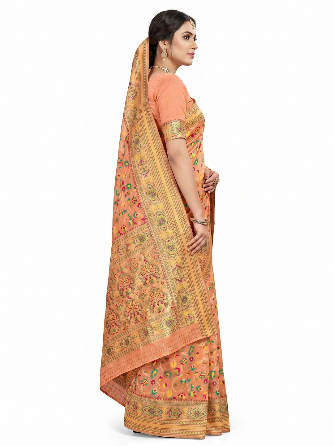 Peach Floral Woven Cotton Blend Saree - Image 2