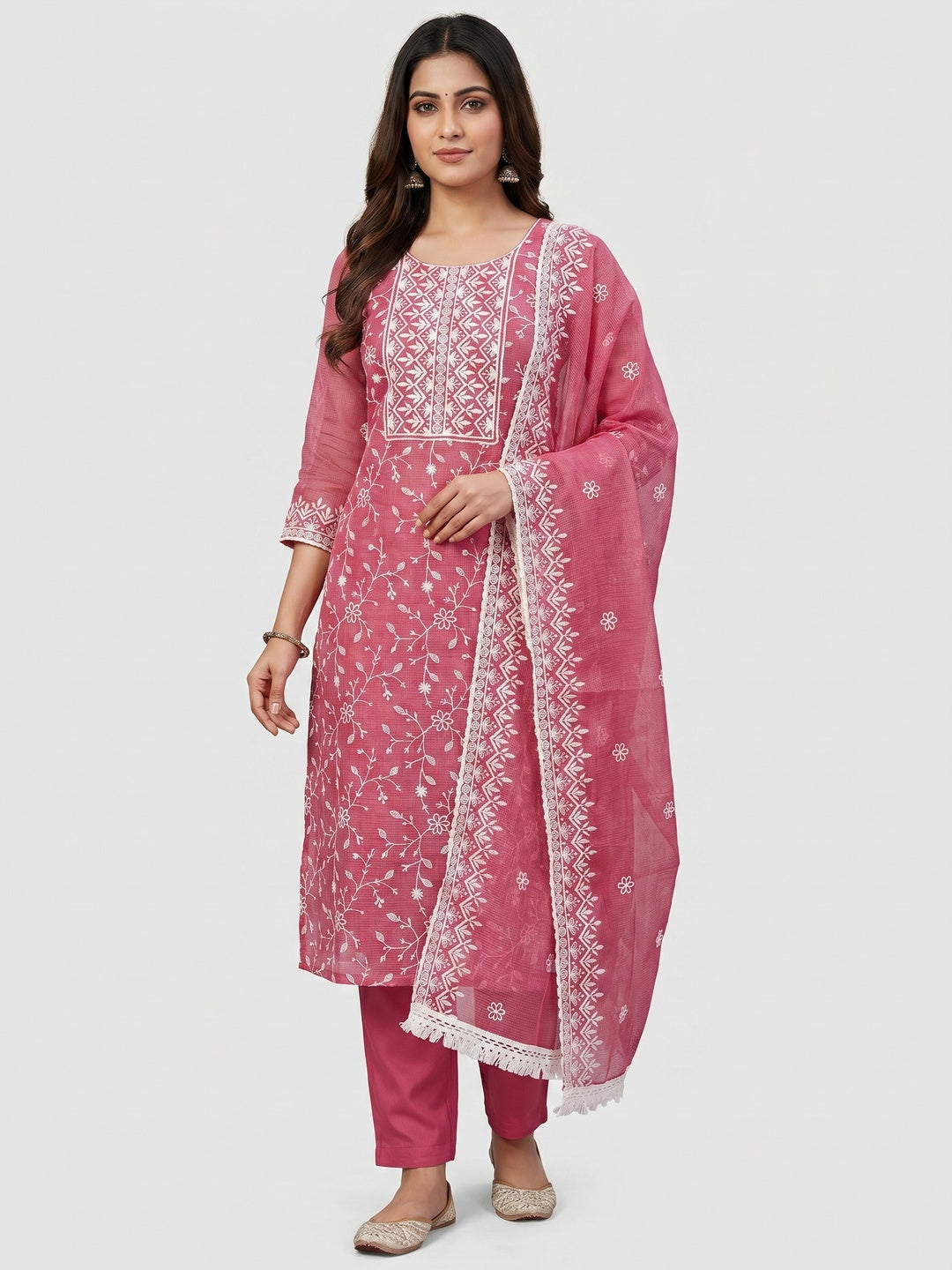 Pink Floral Embroidered Kota Doria Dress Material - Image 1