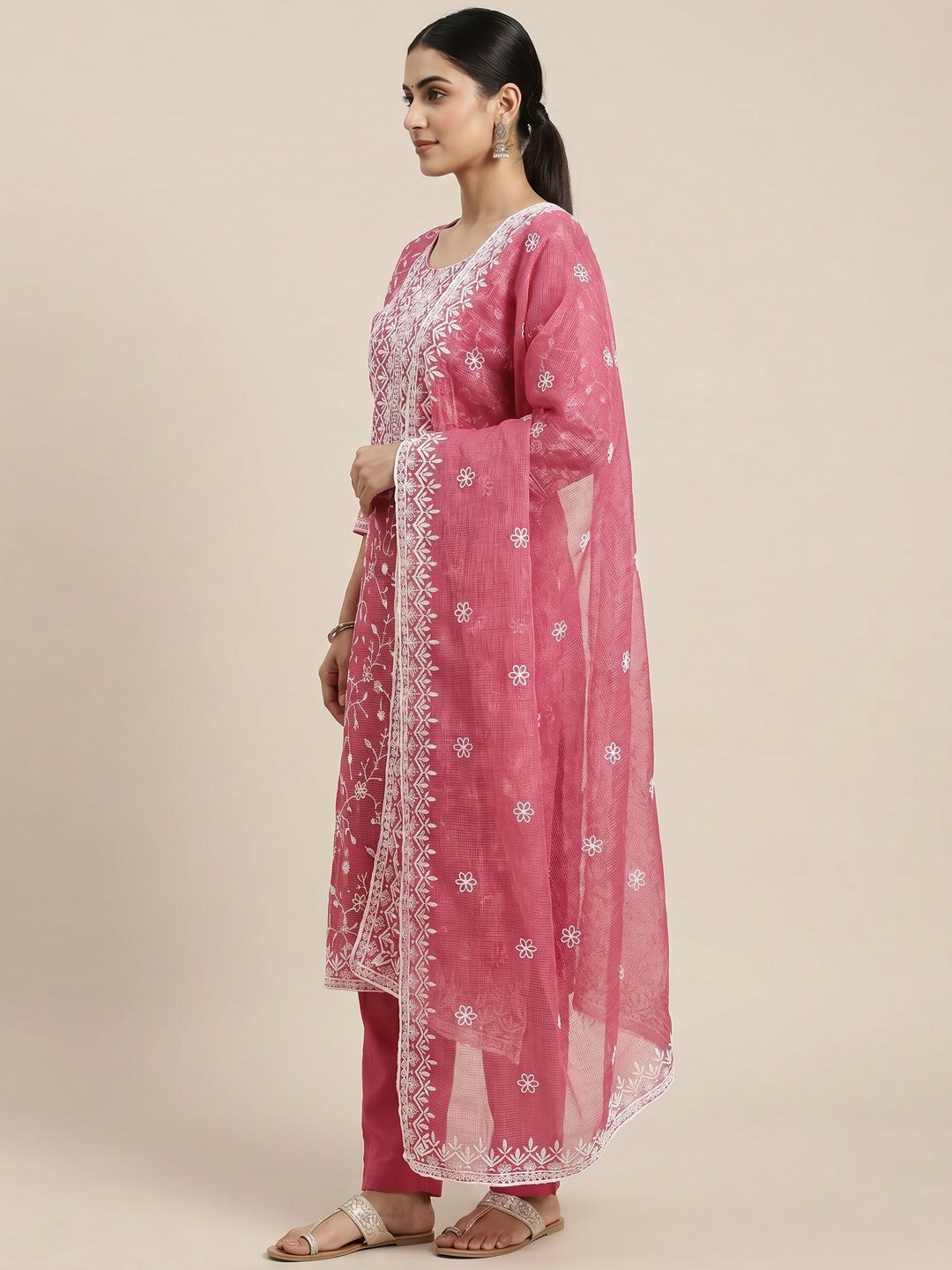 Pink Floral Embroidered Kota Doria Dress Material - Image 3