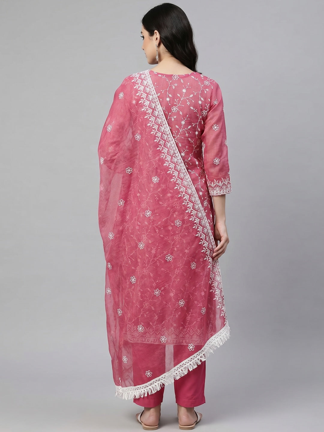 Pink Floral Embroidered Kota Doria Dress Material - Image 2