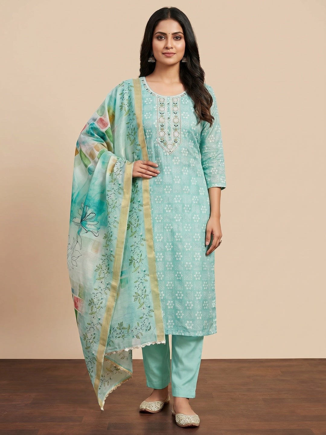 Turquoise Floral Printed With Hand Embroidery Chanderi Dress Material - Image 1