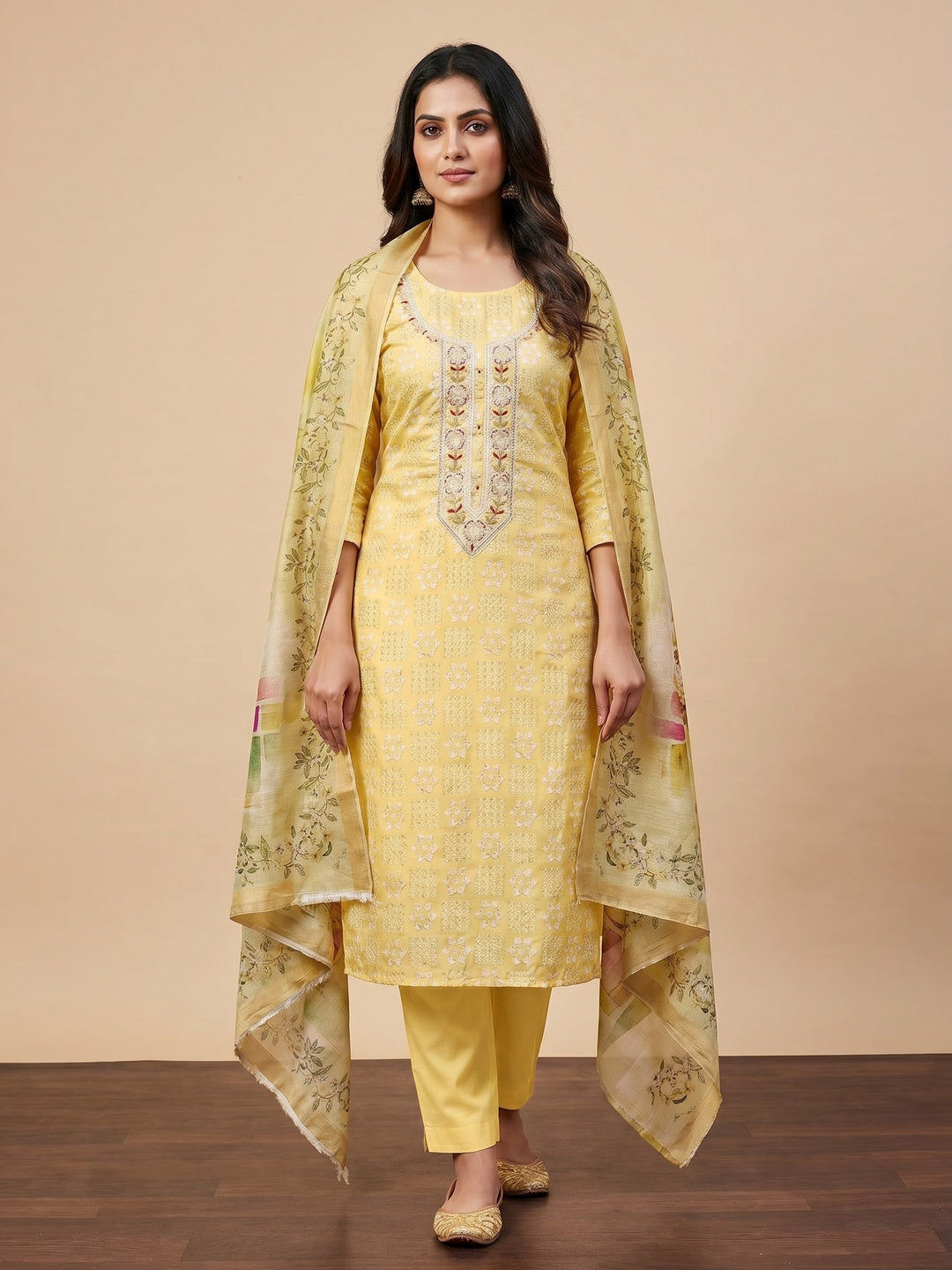 Yellow Floral Printed With Hand Embroidery Chanderi Dress Material - Image 1