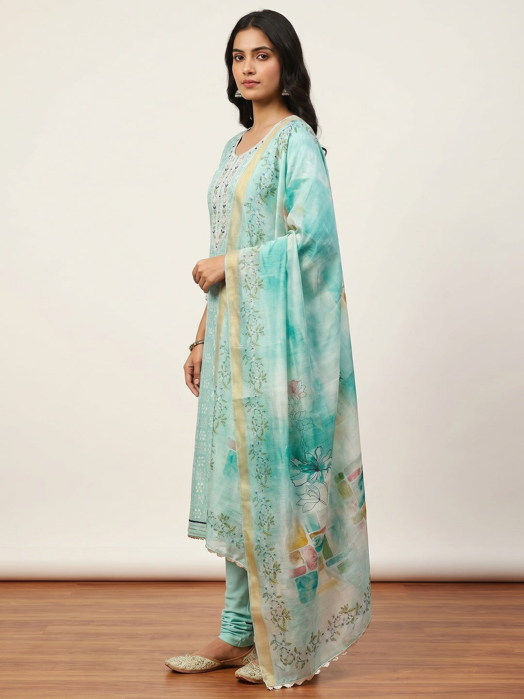 Turquoise Floral Printed With Hand Embroidery Chanderi Dress Material - Image 3