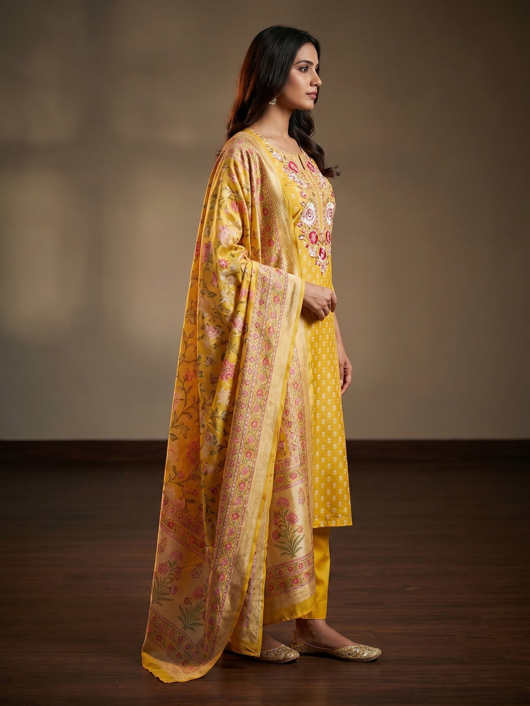 Yellow Floral Printed With Hand Embroidery Chanderi Dress Material - Image 3