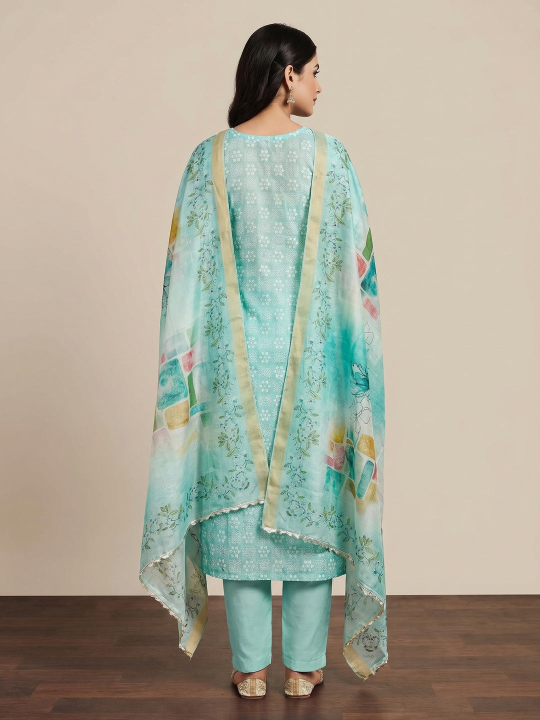 Turquoise Floral Printed With Hand Embroidery Chanderi Dress Material - Image 2
