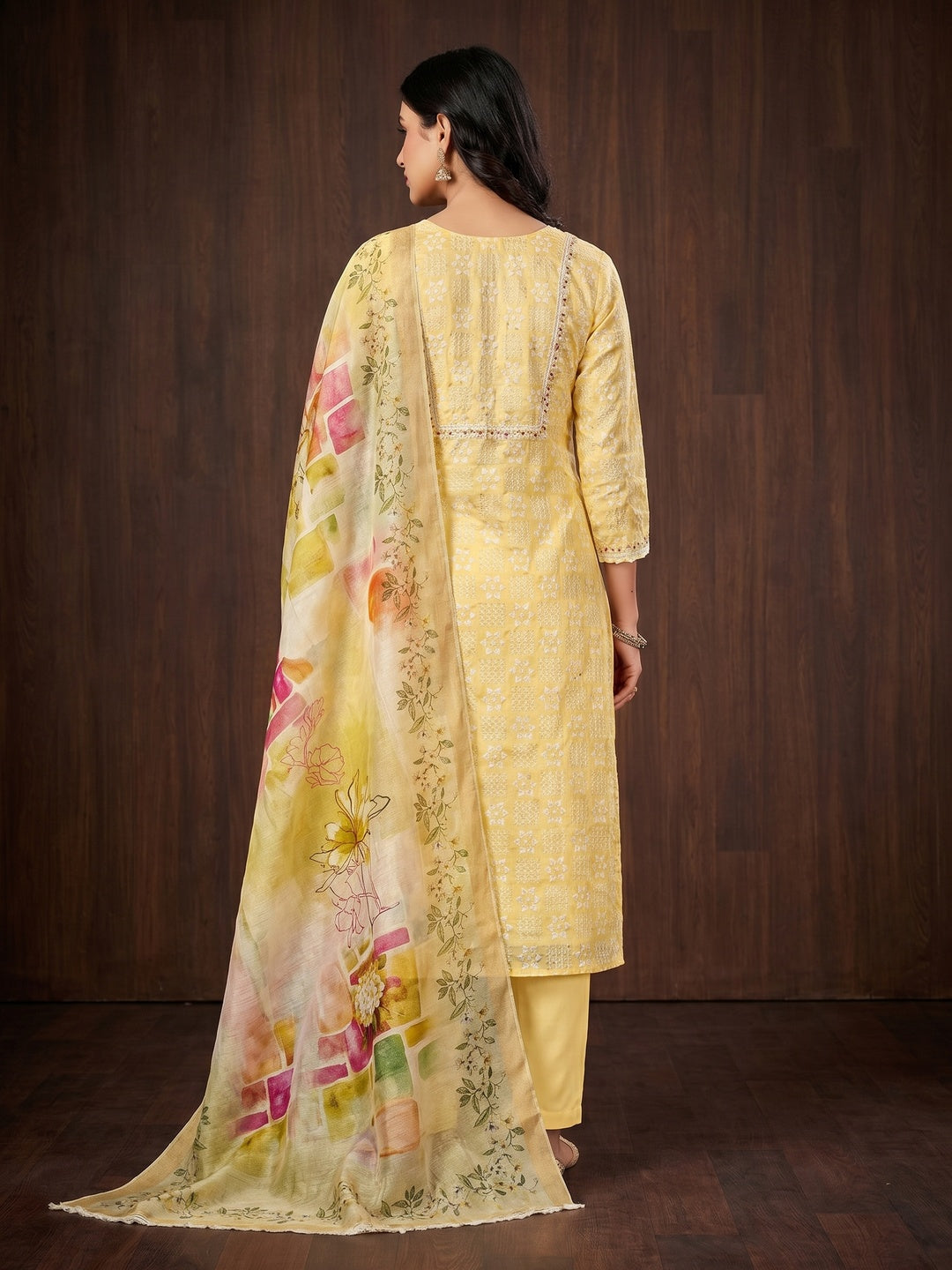 Yellow Floral Printed With Hand Embroidery Chanderi Dress Material - Image 2