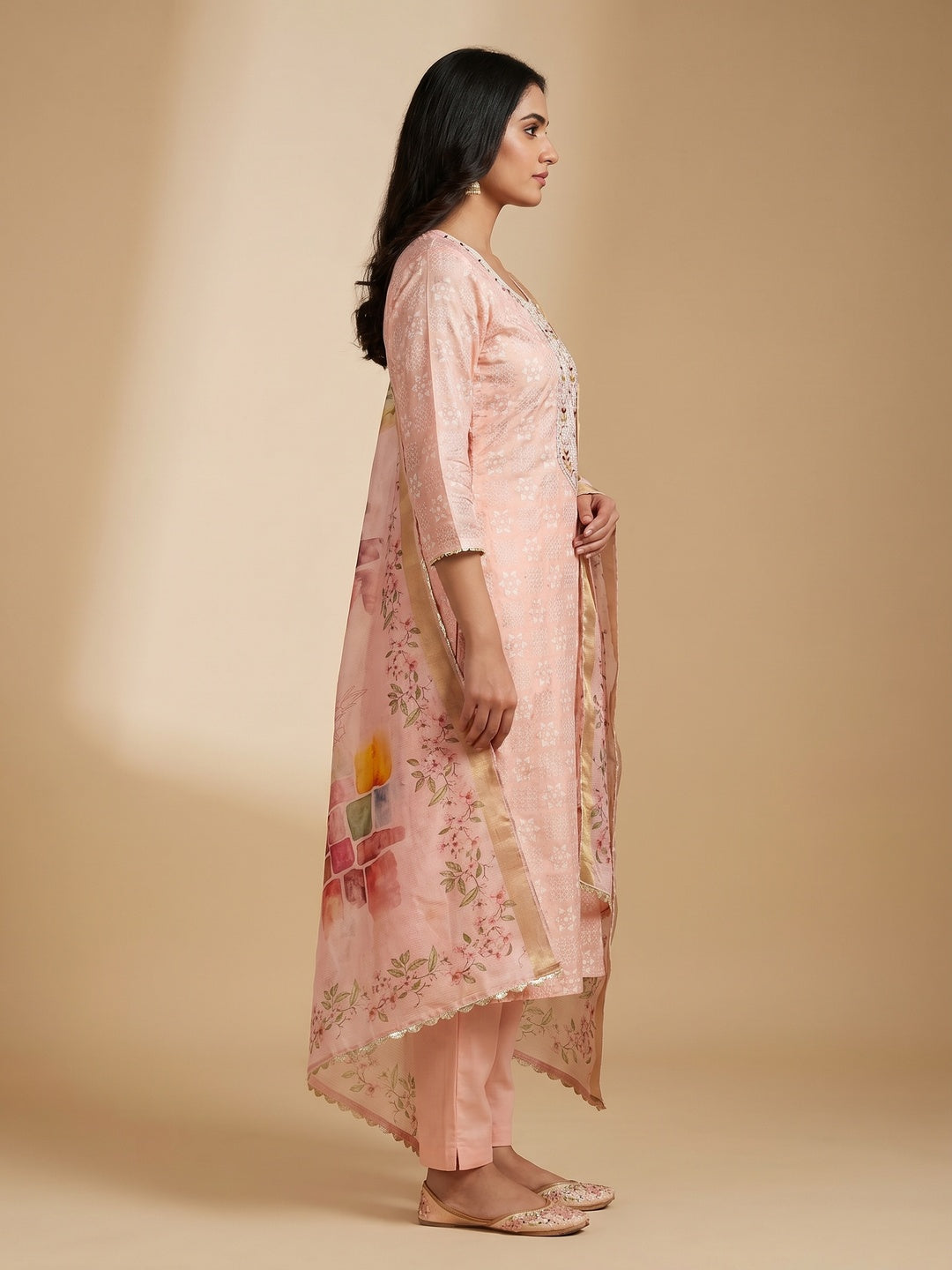 Peach Floral Printed With Hand Embroidery Chanderi Dress Material - Image 1