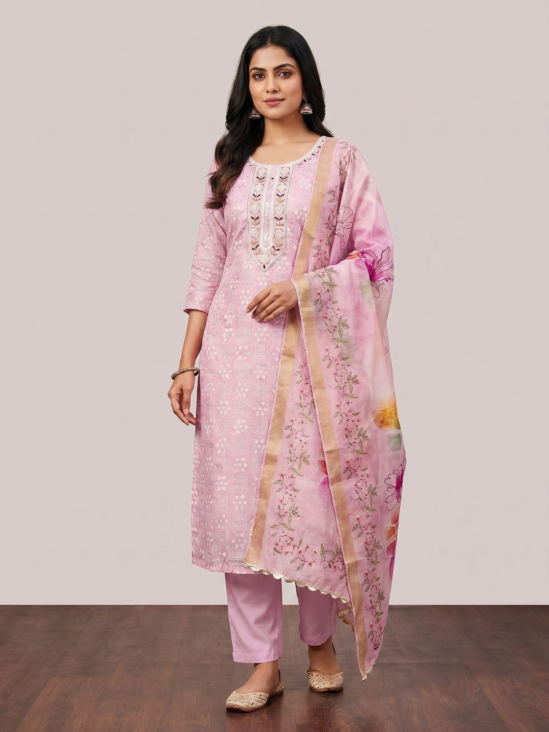 Pink Floral Printed With Hand Embroidery Chanderi Dress Material - Image 1