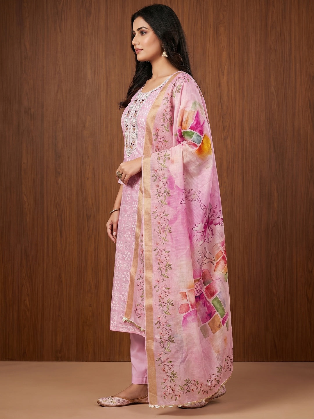 Pink Floral Printed With Hand Embroidery Chanderi Dress Material - Image 3