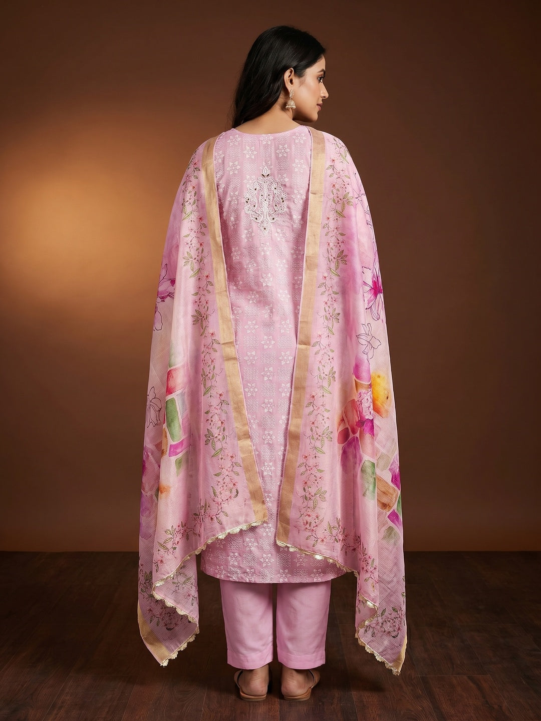 Pink Floral Printed With Hand Embroidery Chanderi Dress Material - Image 2
