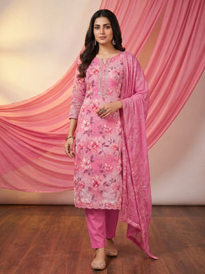 Pink Floral Embroidery With Printed Pure Cotton Dress Material - Image 1