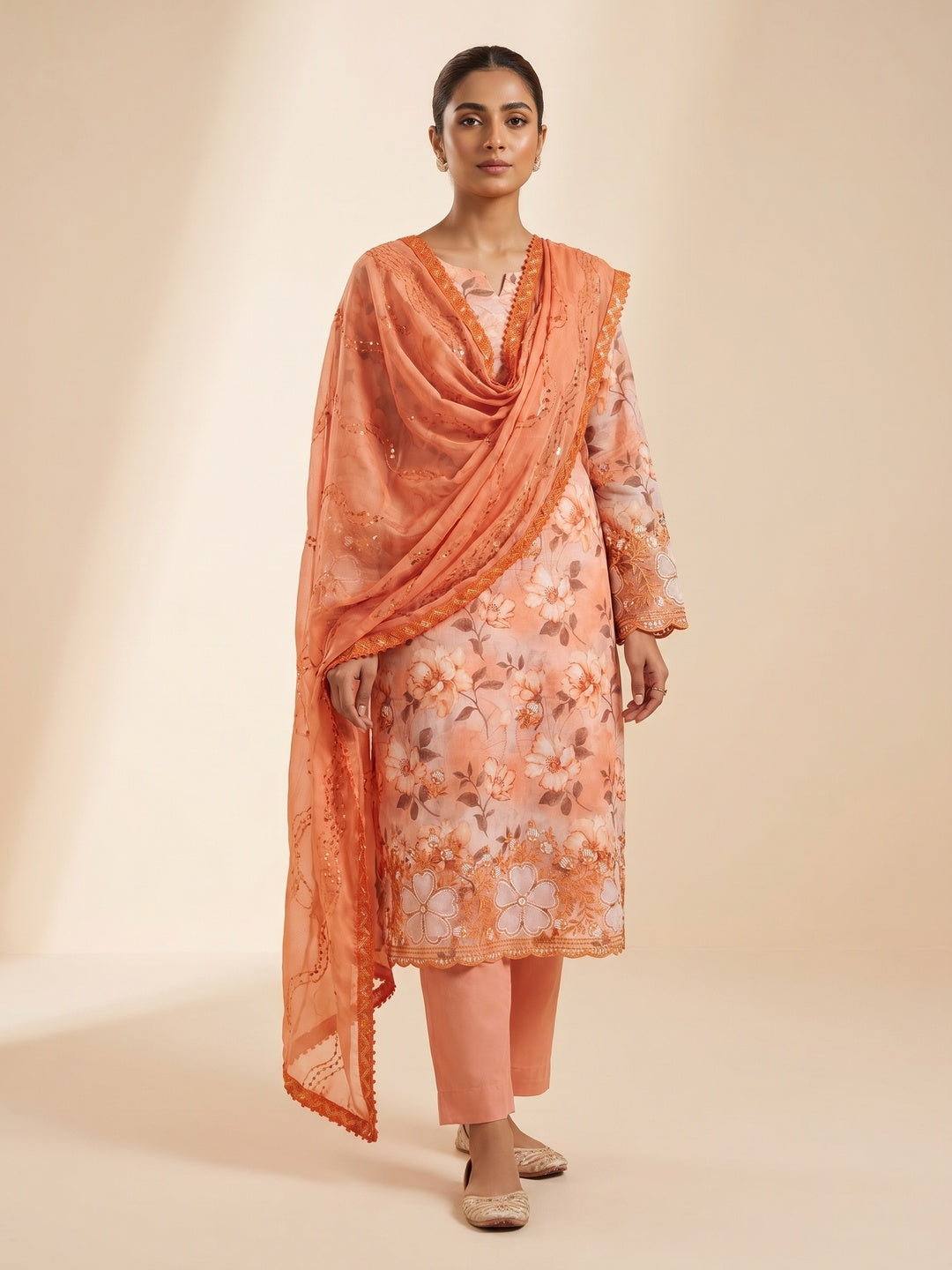 Orange Floral Embroidery With Printed Pure Cotton Dress Material - Image 1