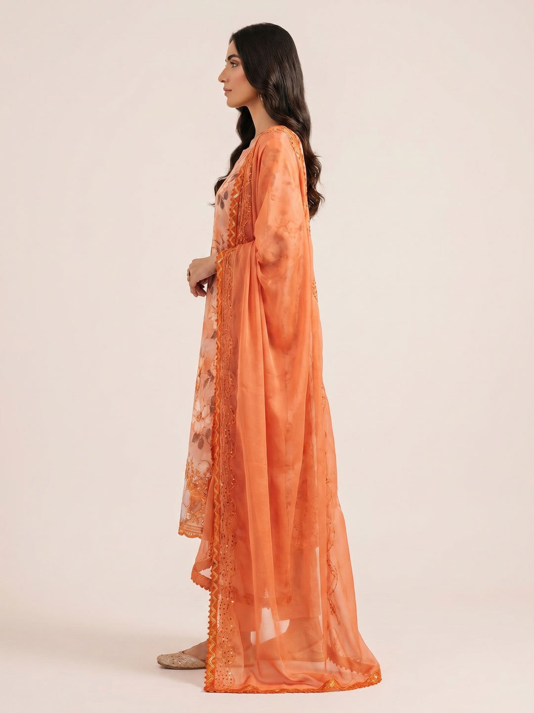 Orange Floral Embroidery With Printed Pure Cotton Dress Material - Image 3