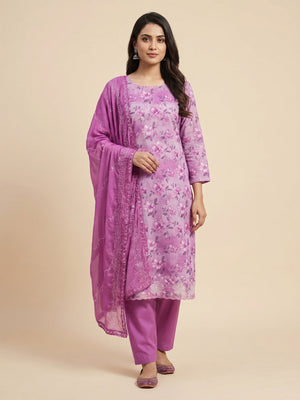 Purple Floral Embroidery With Printed Pure Cotton Dress Material - Image 1
