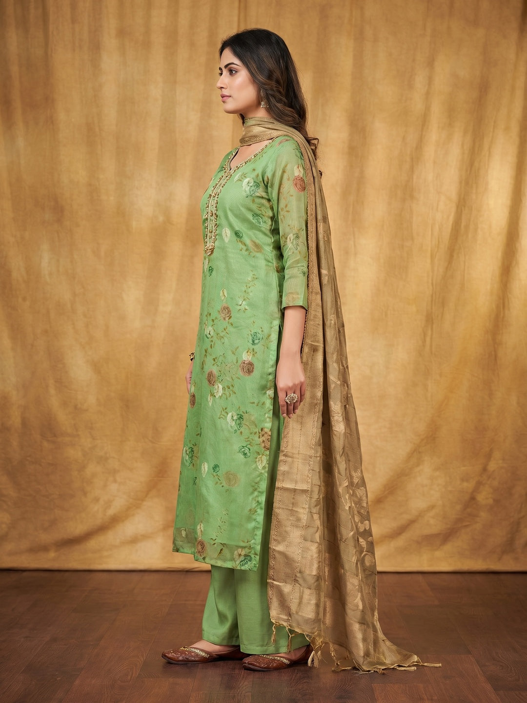Green Floral Digital Printed With Handwork Organza Dress Material - Image 2