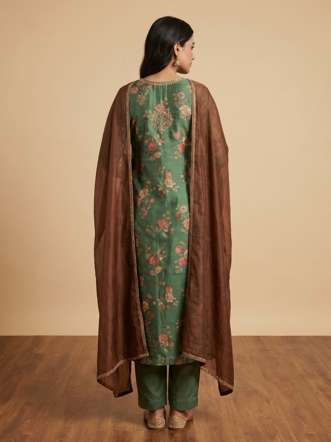 Green Floral Digital Printed With Handwork Organza Dress Material - Image 3
