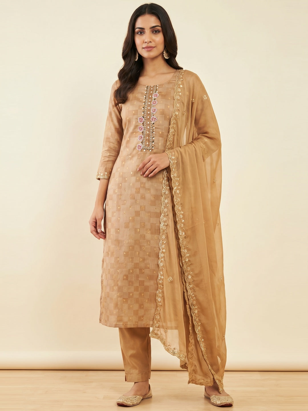 Chikoo Floral Digital Printed With Handwork Chanderi Dress Material - Image 1