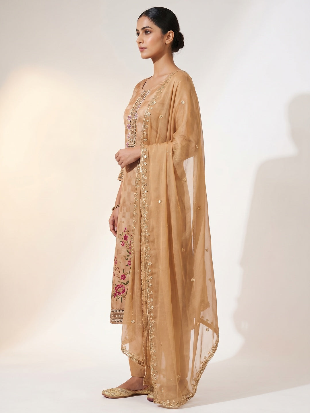 Chikoo Floral Digital Printed With Handwork Chanderi Dress Material - Image 2