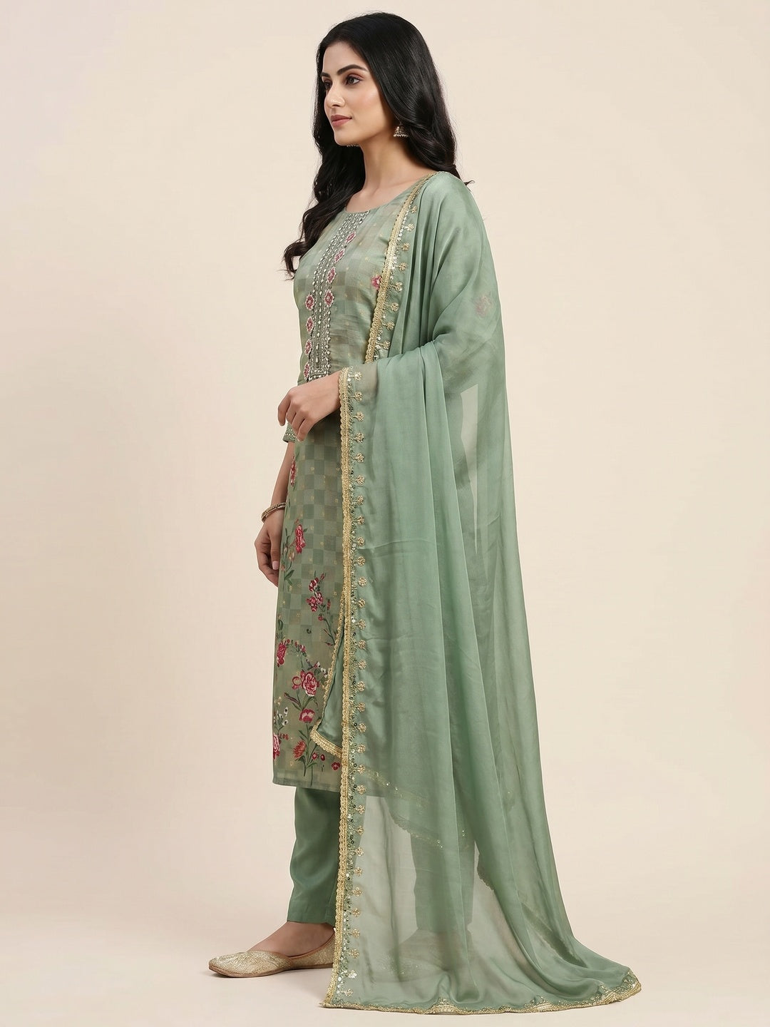 Green Floral Digital Printed With Handwork Chanderi Dress Material - Image 3