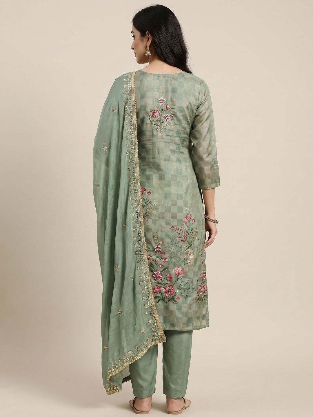 Green Floral Digital Printed With Handwork Chanderi Dress Material - Image 2