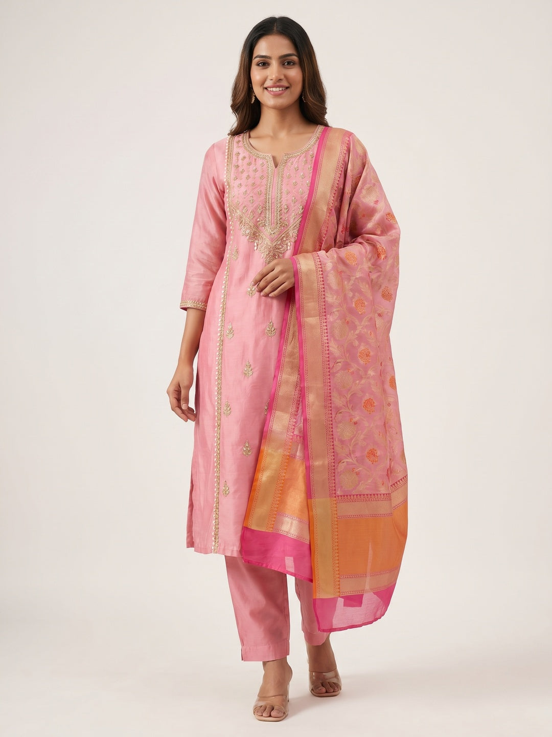Pink Floral Hand Embroidery Chanderi Dress Material - Image 1
