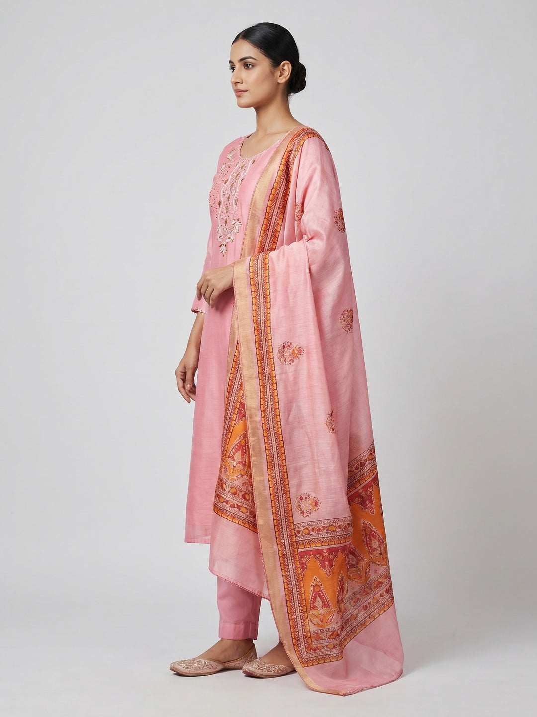Pink Floral Hand Embroidery Chanderi Dress Material - Image 3