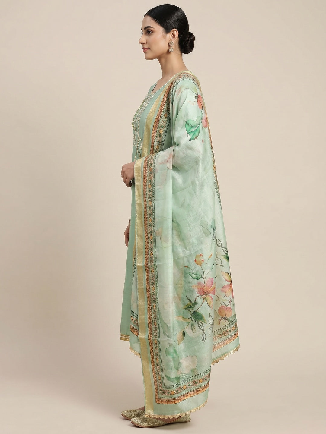 Green Floral Hand Embroidery Chanderi Dress Material - Image 3