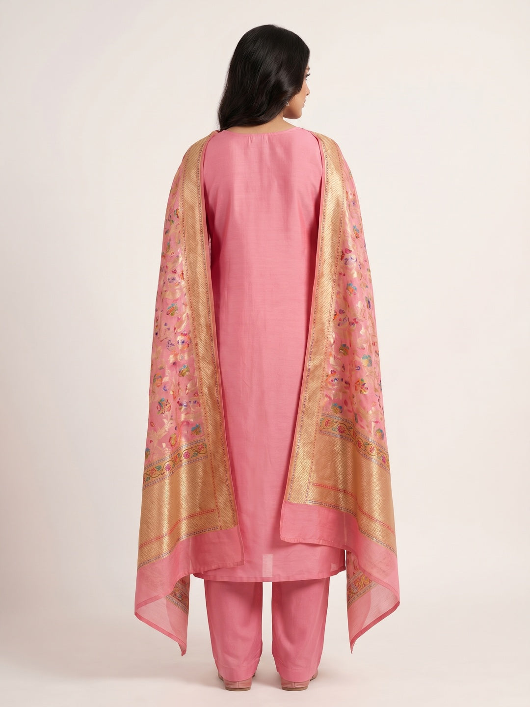 Pink Floral Hand Embroidery Chanderi Dress Material - Image 2