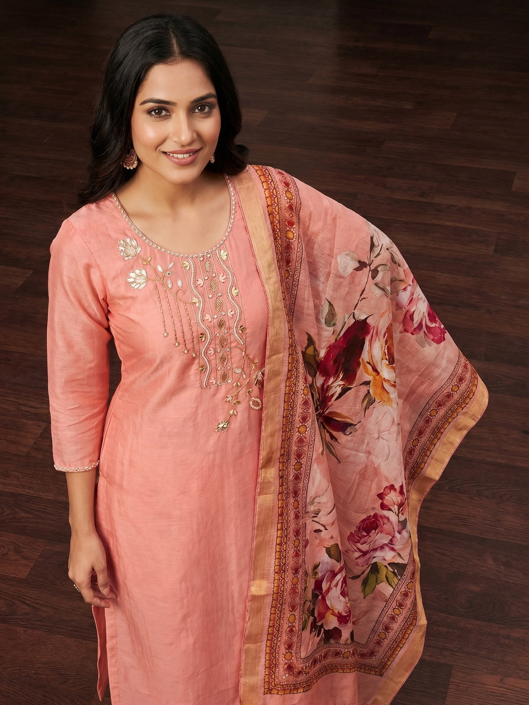 Peach Floral Hand Embroidery Chanderi Dress Material - Image 1