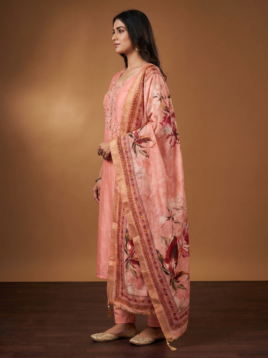 Peach Floral Hand Embroidery Chanderi Dress Material - Image 3