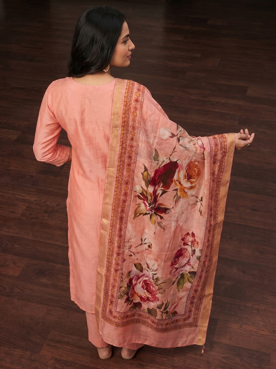Peach Floral Hand Embroidery Chanderi Dress Material - Image 2
