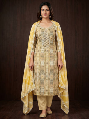 Cream Digital Printed With Hand Embroidery Chanderi Dress Material - Image 1