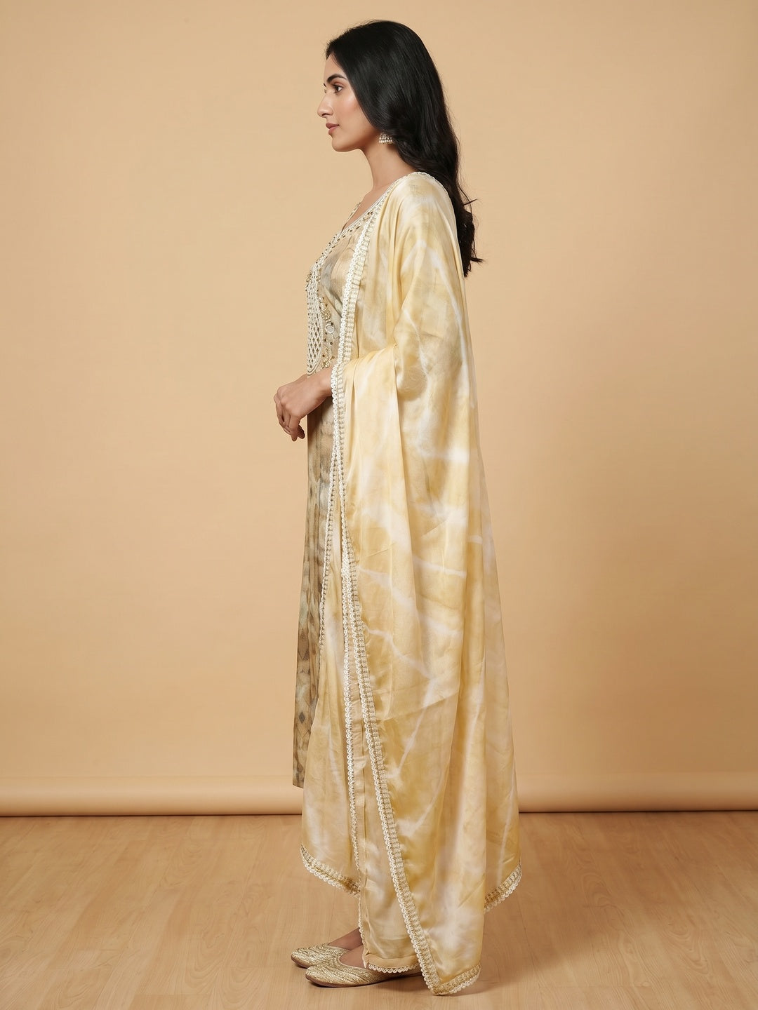 Cream Digital Printed With Hand Embroidery Chanderi Dress Material - Image 2