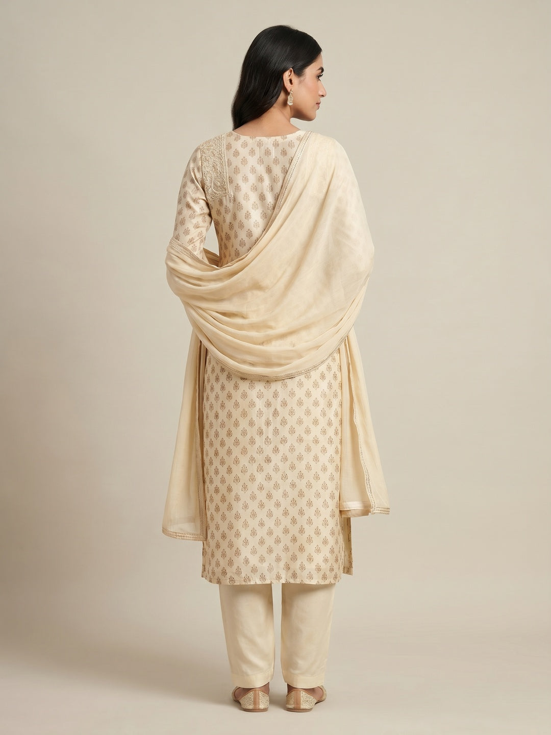 Cream Digital Printed With Hand Embroidery Chanderi Dress Material - Image 3