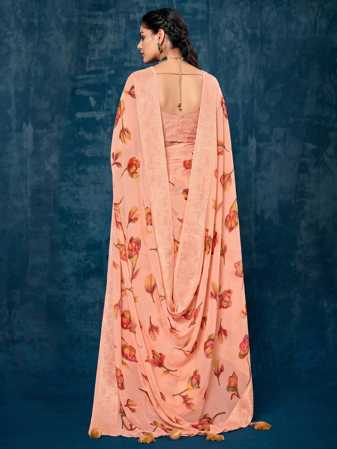 Peach Floral Printed Georgette Saree With Viscose Border - Image 1