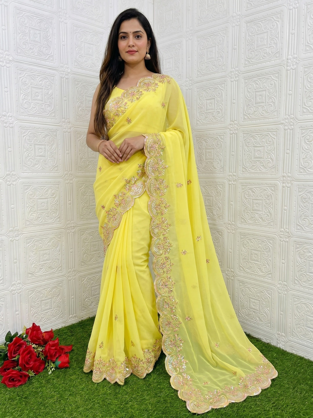 Yellow Floral Sequins Embroidered Georgette Saree - Image 1