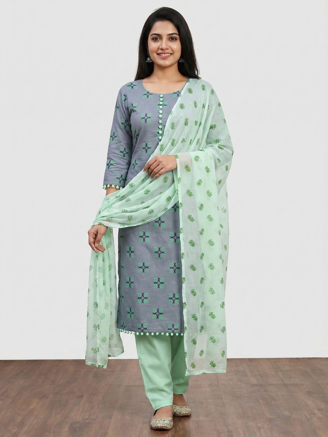 Grey & Green Floral Printed Cotton Blend Dress Material - Image 1