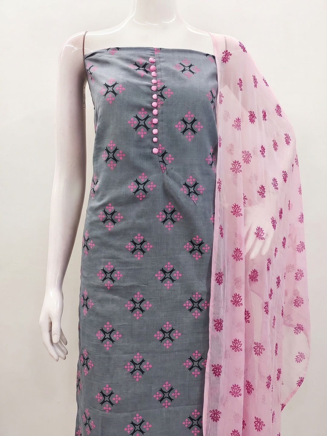Grey & Pink Floral Printed Cotton Blend Dress Material - Image 2