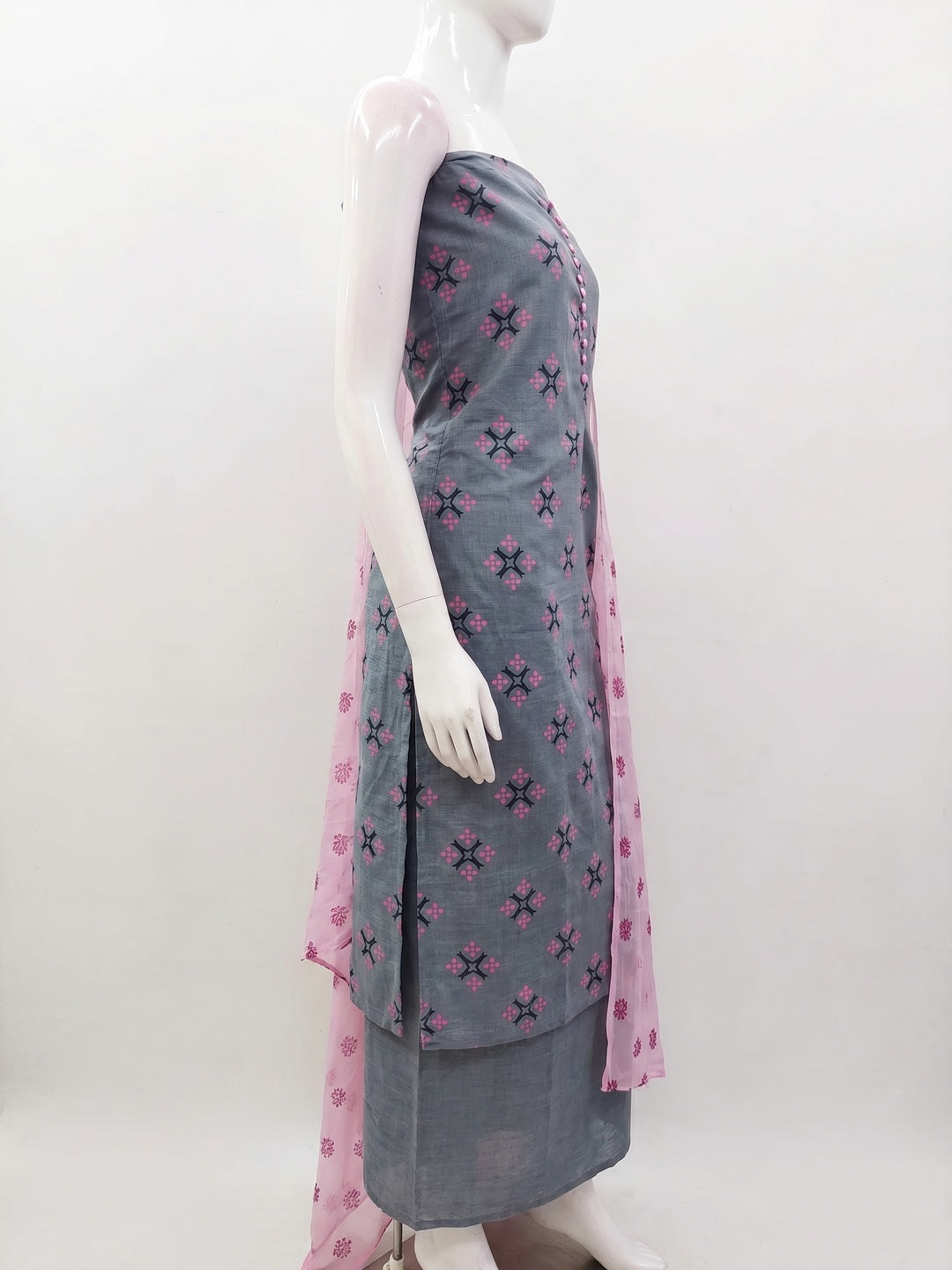 Grey & Pink Floral Printed Cotton Blend Dress Material - Image 3
