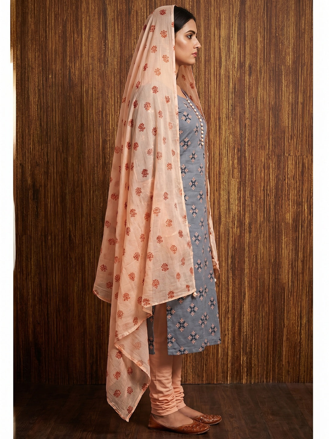 Grey & Peach Floral Printed Cotton Blend Dress Material - Image 3