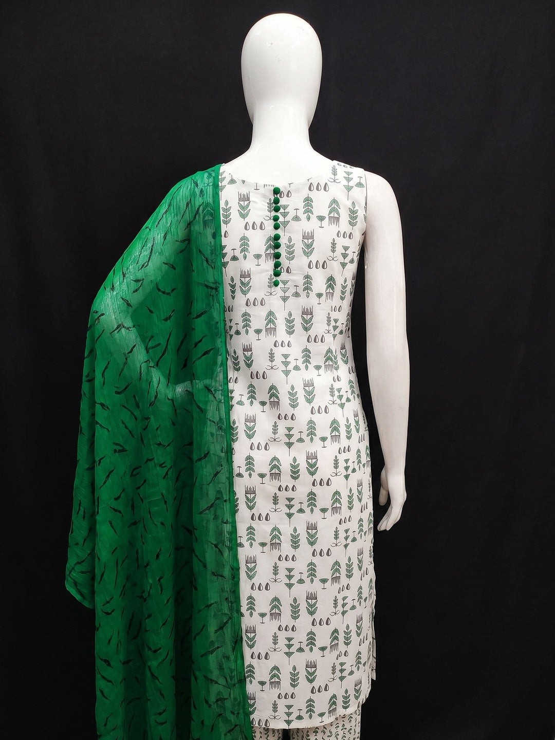 White & Green Floral Printed Cotton Blend Dress Material - Image 3
