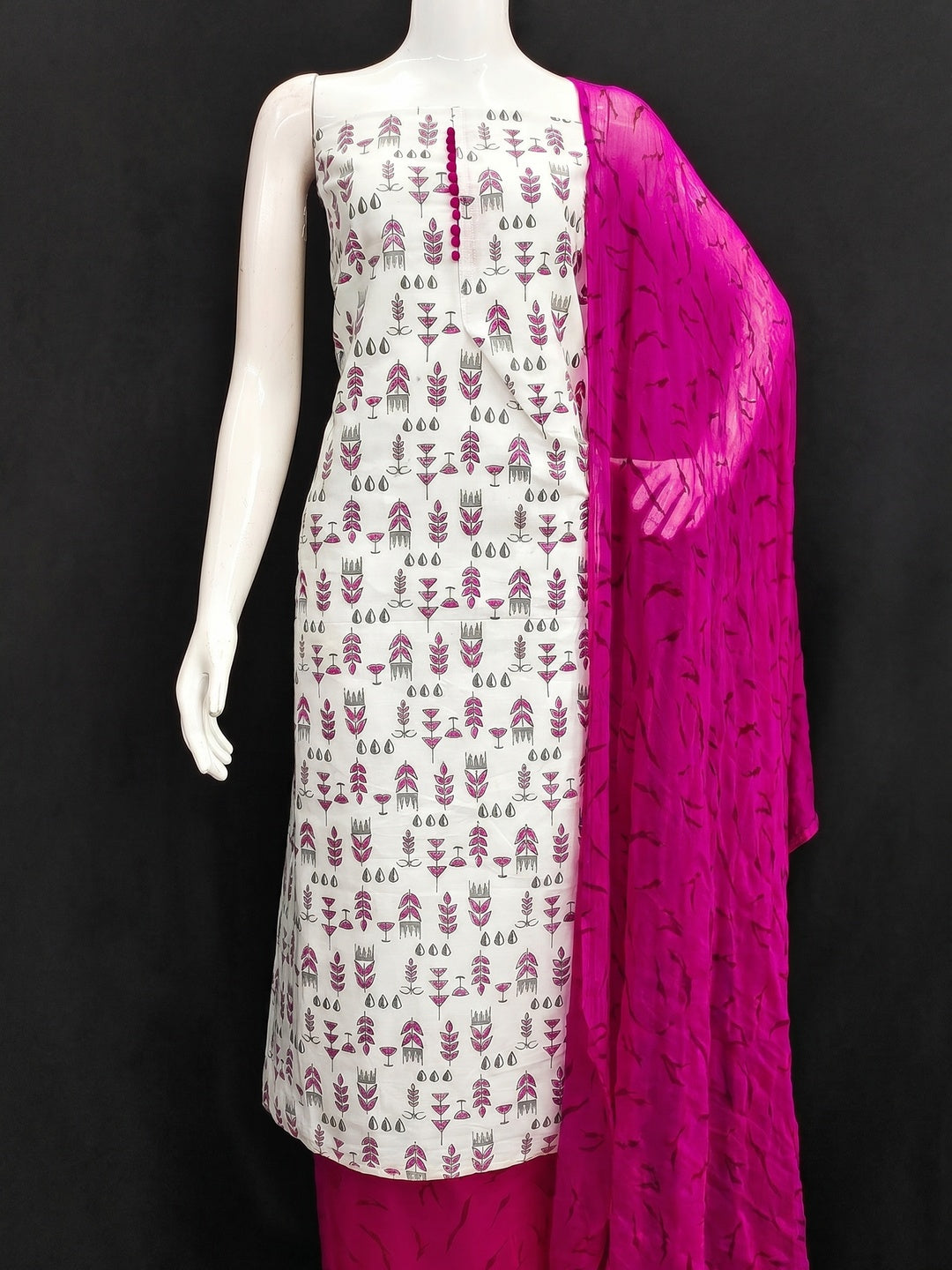 White & Rani Pink Floral Printed Cotton Blend Dress Material - Image 3
