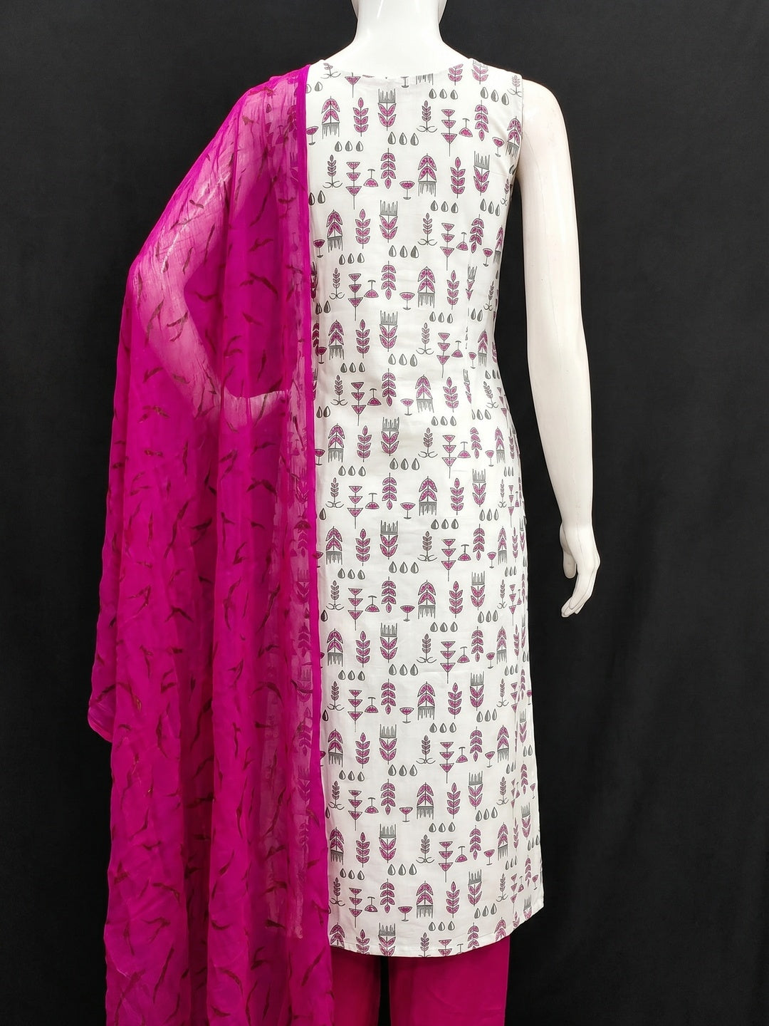 White & Rani Pink Floral Printed Cotton Blend Dress Material - Image 2