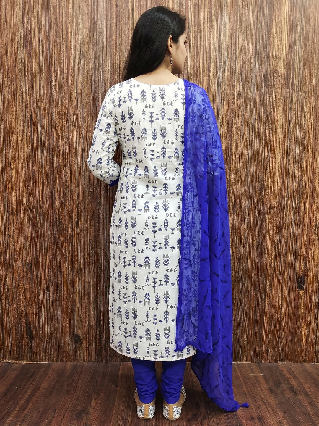 White & Blue Floral Printed Cotton Blend Dress Material - Image 2