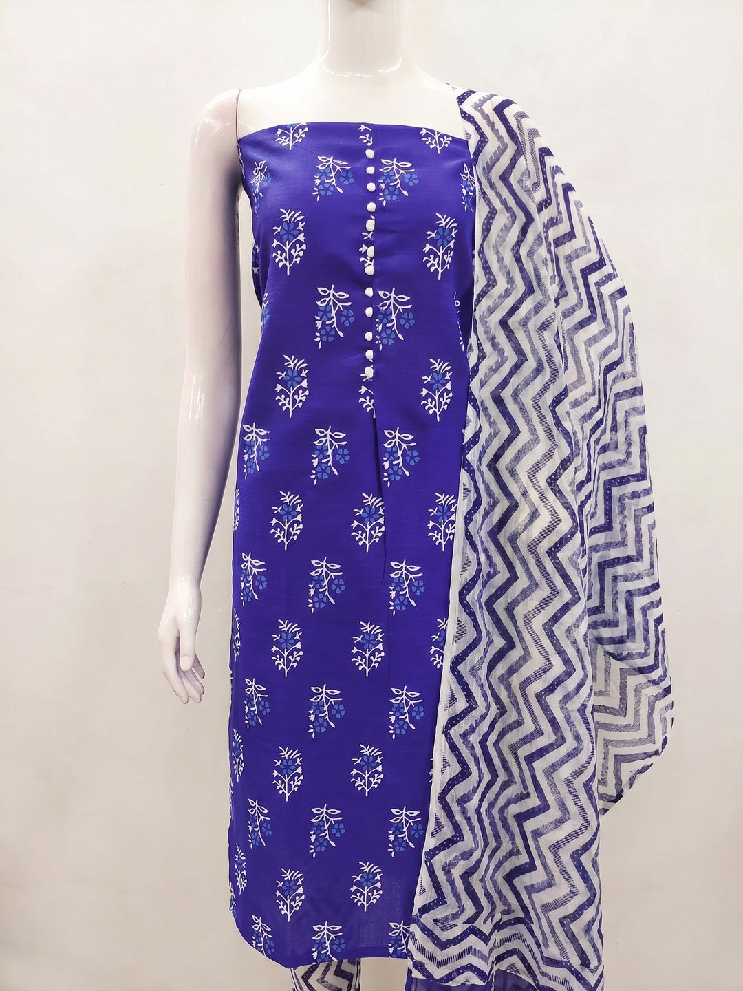 Royal Blue Floral Printed Cotton Blend Dress Material - Image 1